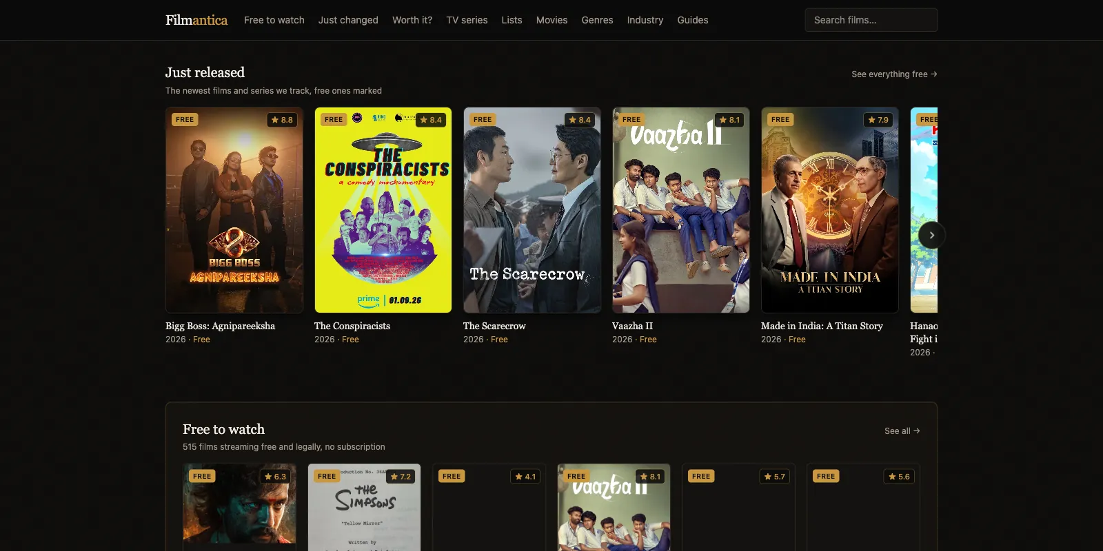 Filmantica home page with rows of recently released films and series marked Free