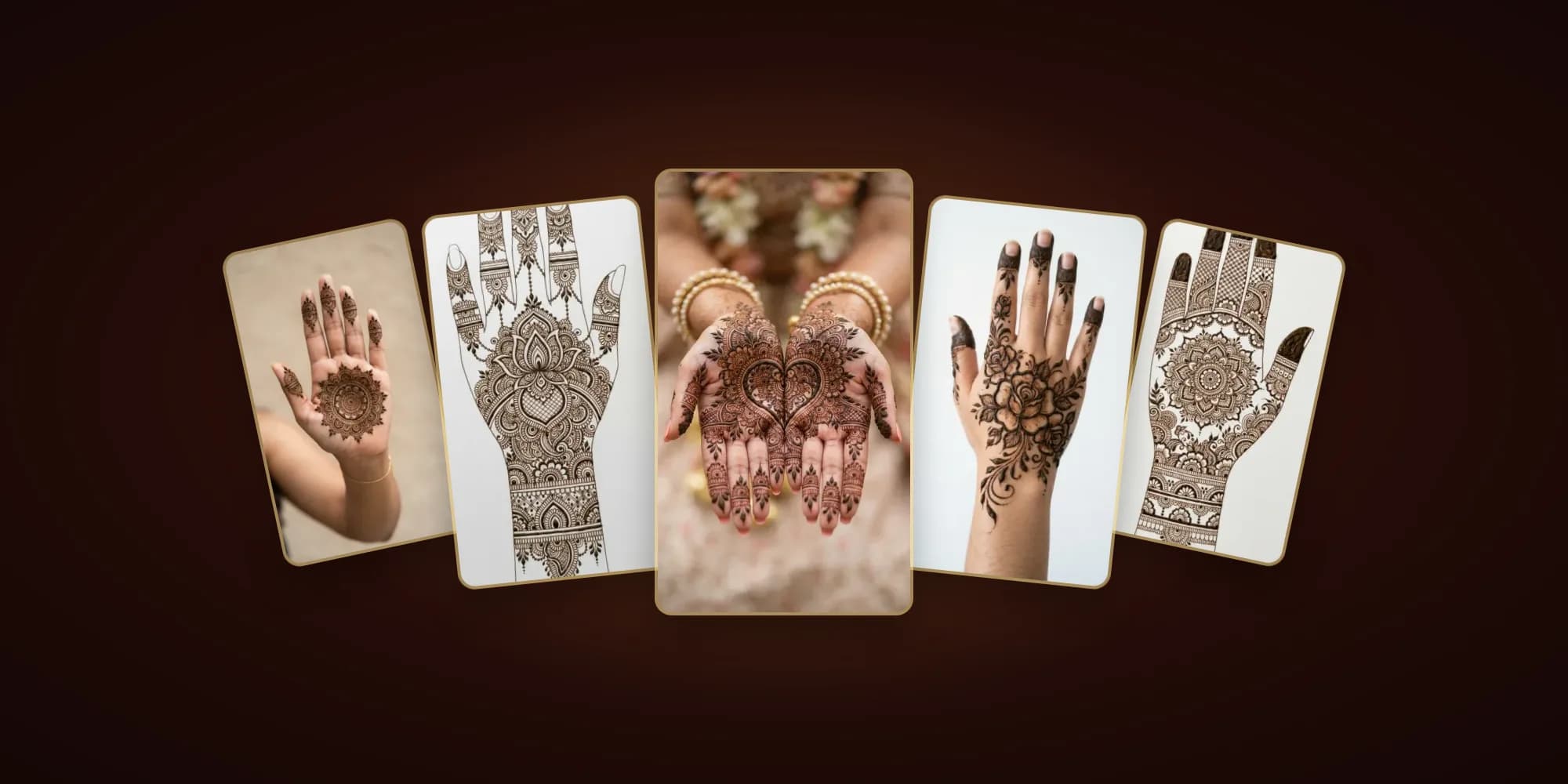 A fan of mehndi designs from the Mehndi Craft app — bridal palms, a rose back-hand design and printable hand stencils