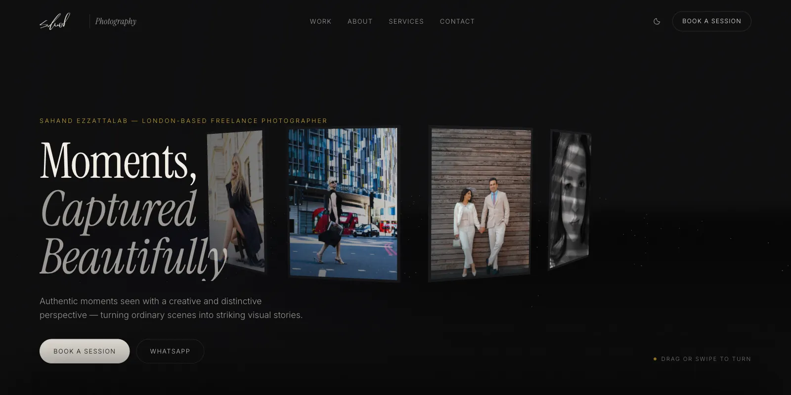 Sahand Photography home page — 'Moments, Captured Beautifully' beside a 3D ring of photographs