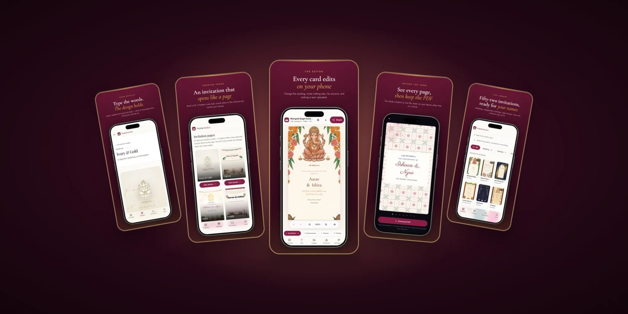 Venvia Invites App Store screenshots: premium invitation pages, the card editor, PDF preview and the template library