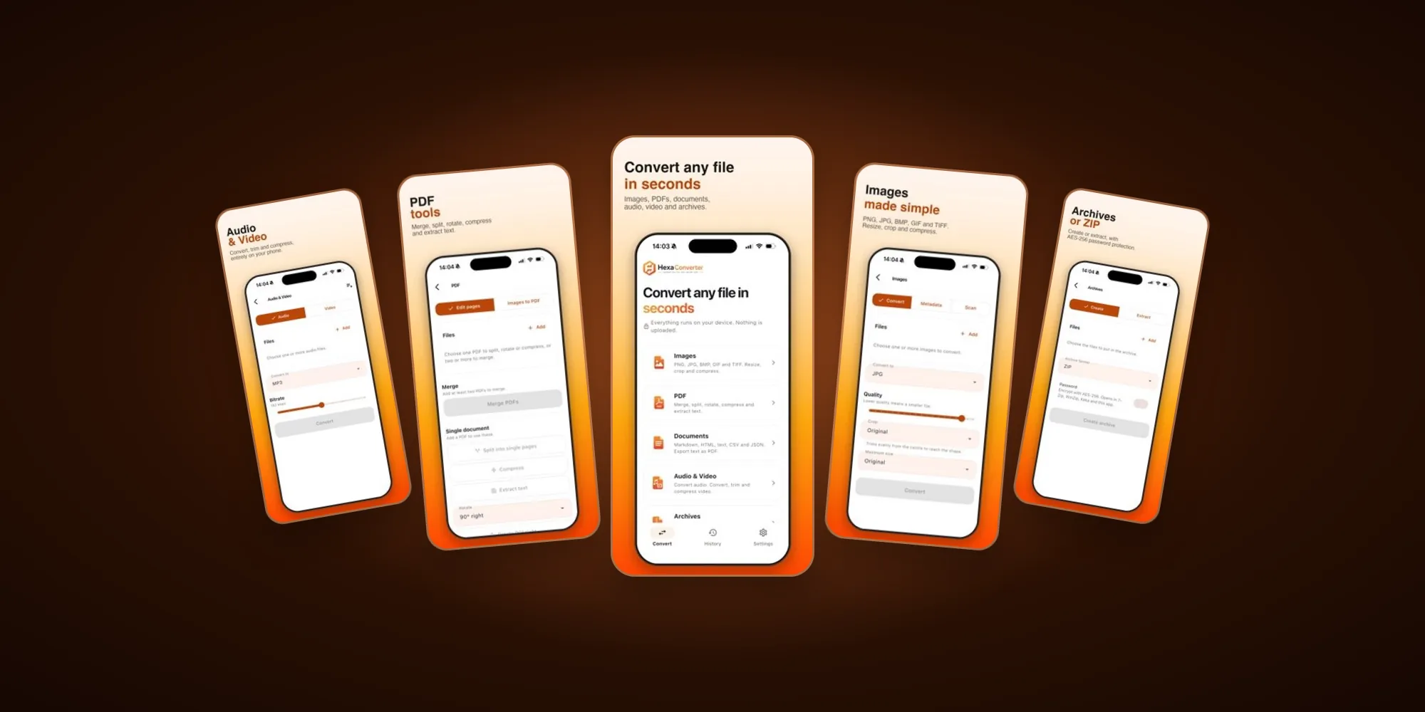 HexaConverter App Store screenshots: PDF tools, audio and video, the home screen, images and archives